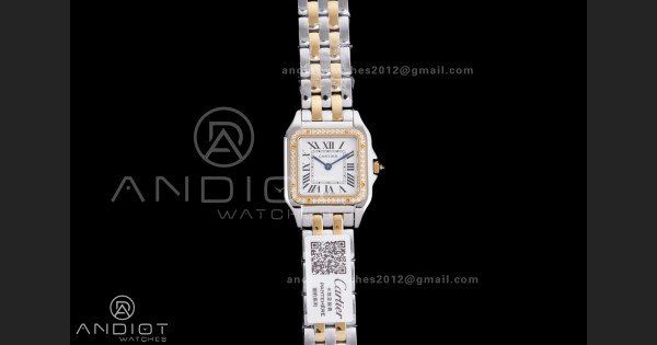 Panthère Ladies 27mm SS/YG AF 1:1 Best Edition White Dial Diamonds Bezel on SS/YG Bracelet Ronda Quartz