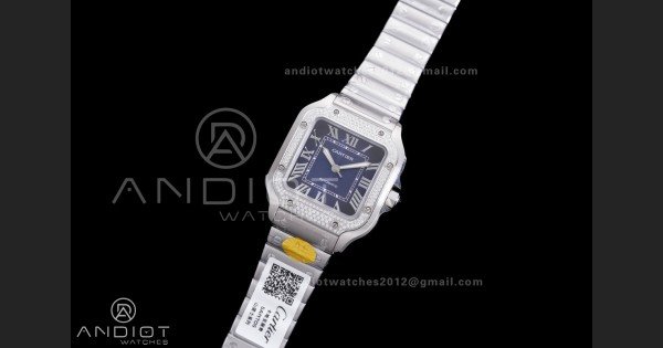 Santos de Cartier 35mm SS AF 1:1 Best Edition Full Diamond Bezel Blue Dial on SS SmartLinks Bracelet MIYOTA 9015 - Image 2