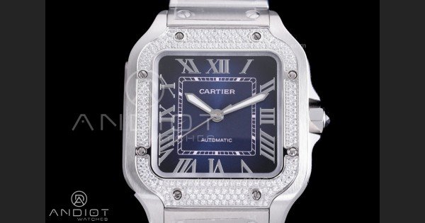 Santos de Cartier 35mm SS AF 1:1 Best Edition Full Diamond Bezel Blue Dial on SS SmartLinks Bracelet MIYOTA 9015 - Image 3