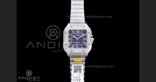 Santos de Cartier 35mm SS AF 1:1 Best Edition Full Diamond Bezel Blue Dial on SS SmartLinks Bracelet MIYOTA 9015