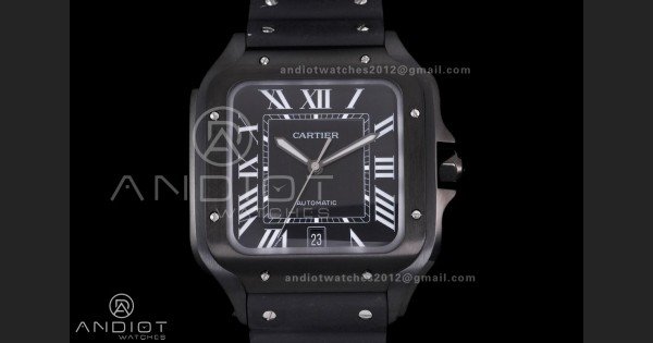 Santos de Cartier 40mm PVD BVF 1:1 Best Edition Black Dial on Black Leather Strap MIYOTA 9015 - Image 3