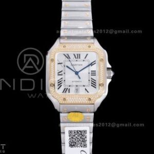 Santos de Cartier 40mm SS AF 1:1 Best Edition White Dial YG Diamond Bezel on SS SmartLinks Bracelet MIYOTA 9015
