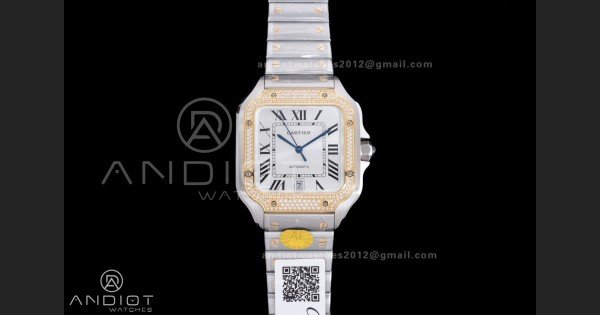 Santos de Cartier 40mm SS AF 1:1 Best Edition White Dial YG Diamond Bezel on SS SmartLinks Bracelet MIYOTA 9015