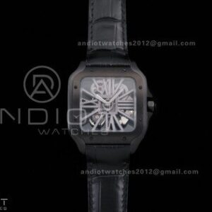 Santos de Cartier Skeleton PVD MLF Skeleton Dial on Black Leather Strap 9612MC Super Clone