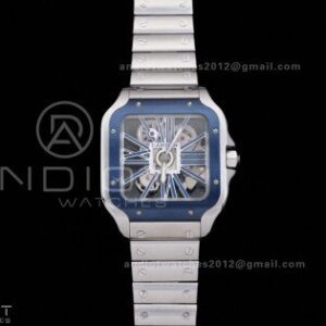 Santos de Cartier Skeleton SS MLF Skeleton Blue Skeleton Dial Blue Bezel on SS SmartLink Bracelet 9611MC Super Clone