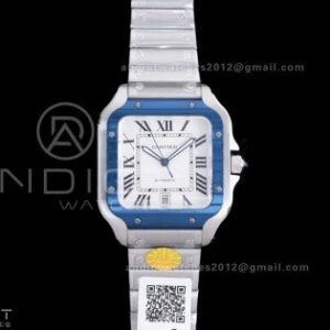 Santos de Cartier XL 40mm SS AF White Dial Blue Bezel SS Bracelet MIYOTA 9015