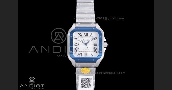 Santos de Cartier XL 40mm SS AF White Dial Blue Bezel SS Bracelet MIYOTA 9015