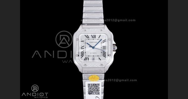 Santos de Cartier XL 40mm SS AF White Dial Diamond Bezel SS Bracelet MIYOTA 9015