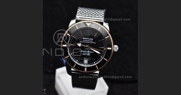 SuperOcean Heritage II BLSF 42mm SS Black Dial Black Ceramic Bezel on RG Bezel and Rubber Bracelet A2824