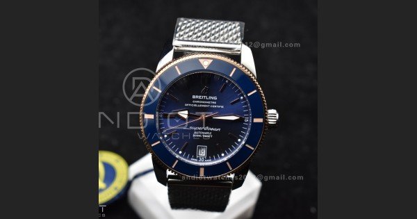 SuperOcean Heritage II BLSF 42mm SS Blue Dial Blue Ceramic Bezel on RG Bezel and Mesh Bracelet A2824 - Image 3