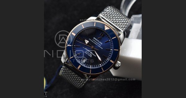 SuperOcean Heritage II BLSF 42mm SS Blue Dial Blue Ceramic Bezel on RG Bezel and Mesh Bracelet A2824 - Image 4
