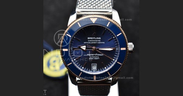 SuperOcean Heritage II BLSF 42mm SS Blue Dial Blue Ceramic Bezel on RG Bezel and Mesh Bracelet A2824 - Image 5